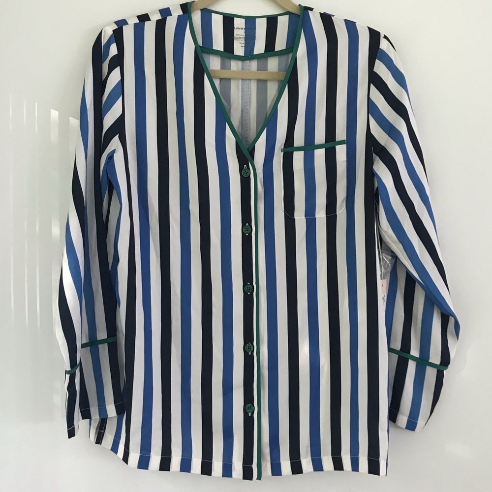 Summersalt Striped Button-Front Sleep Shirt in Blue, Black & White S